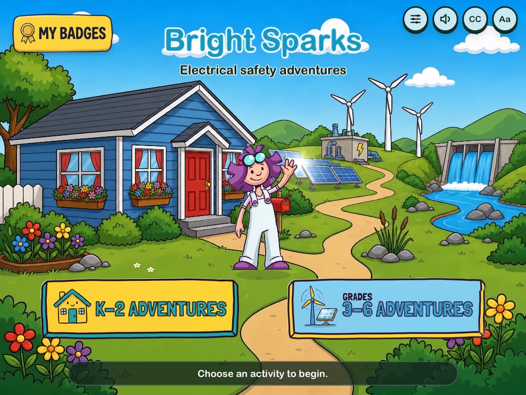 Bright Sparks opening screen with Sparks, a blue house, wind turbines, solar panels and K–2 and Grades 3–6 adventure buttons.