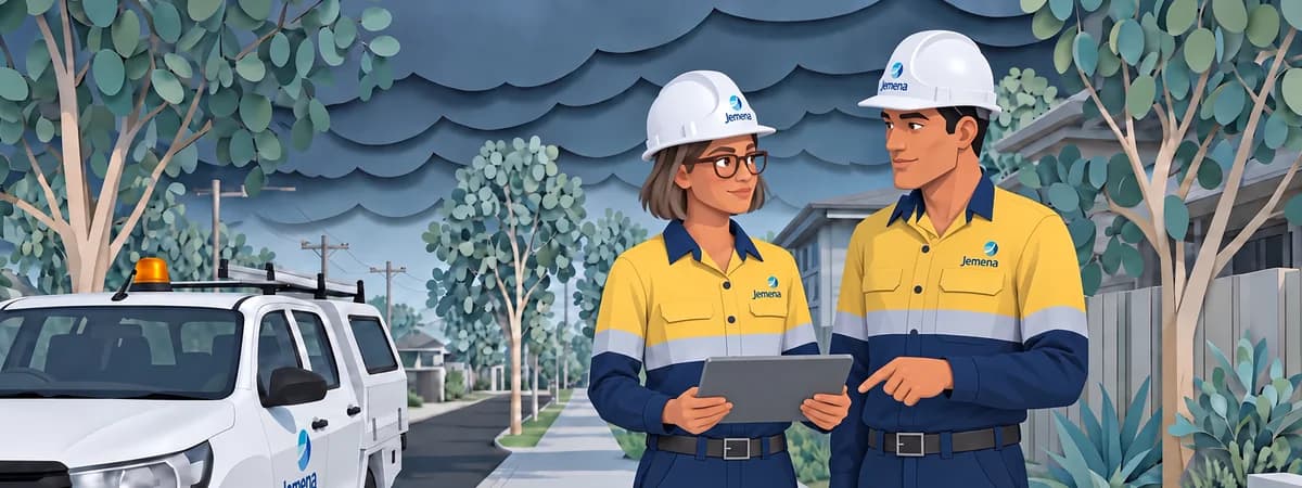 Two Jemena crew members consult a tablet beside their vehicle in a wide paper-texture street illustration.