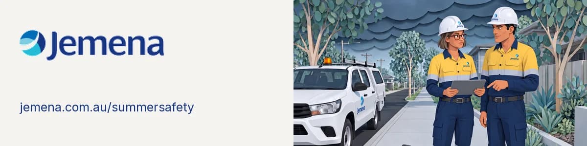 Jemena logo and summer-safety website address alongside the illustrated crew.