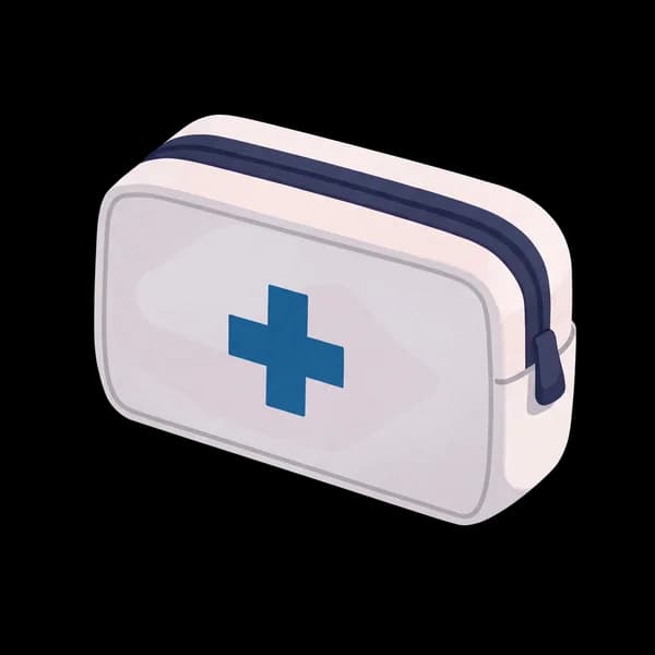 White illustrated first-aid pouch with a teal cross on a transparent background.
