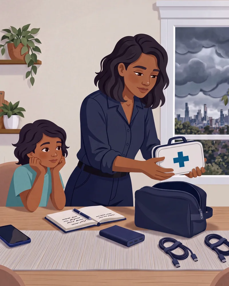 A mother and child pack a clearly visible first-aid pouch into their emergency bag.
