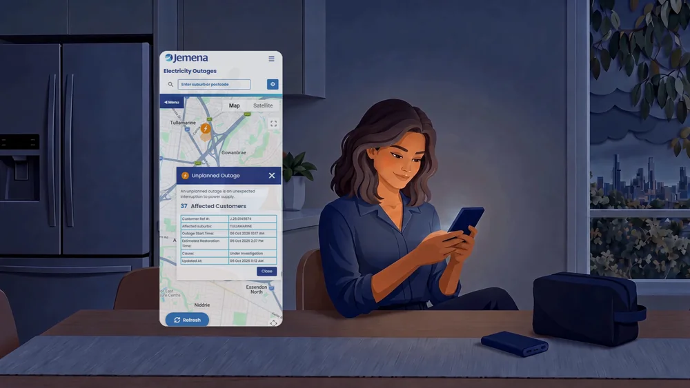 A woman checks her phone beside the Jemena Power Outage Map, illustrated in the campaign's paper-texture style.