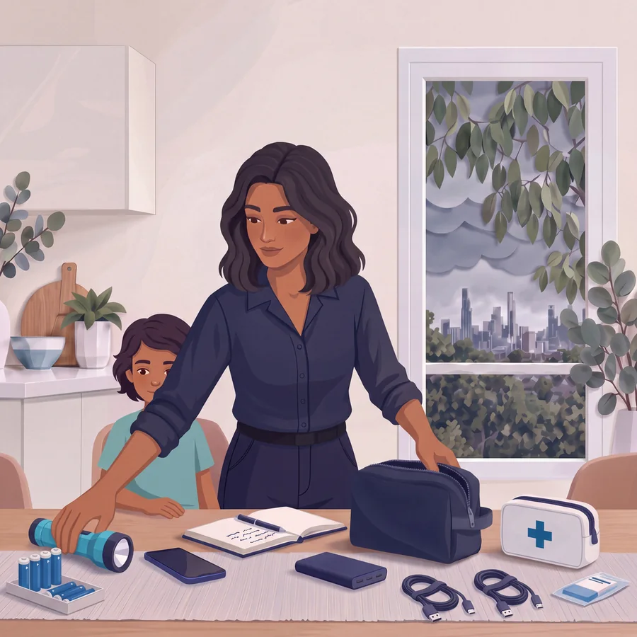 A mother reaches for a torch while packing an emergency kit with her child.