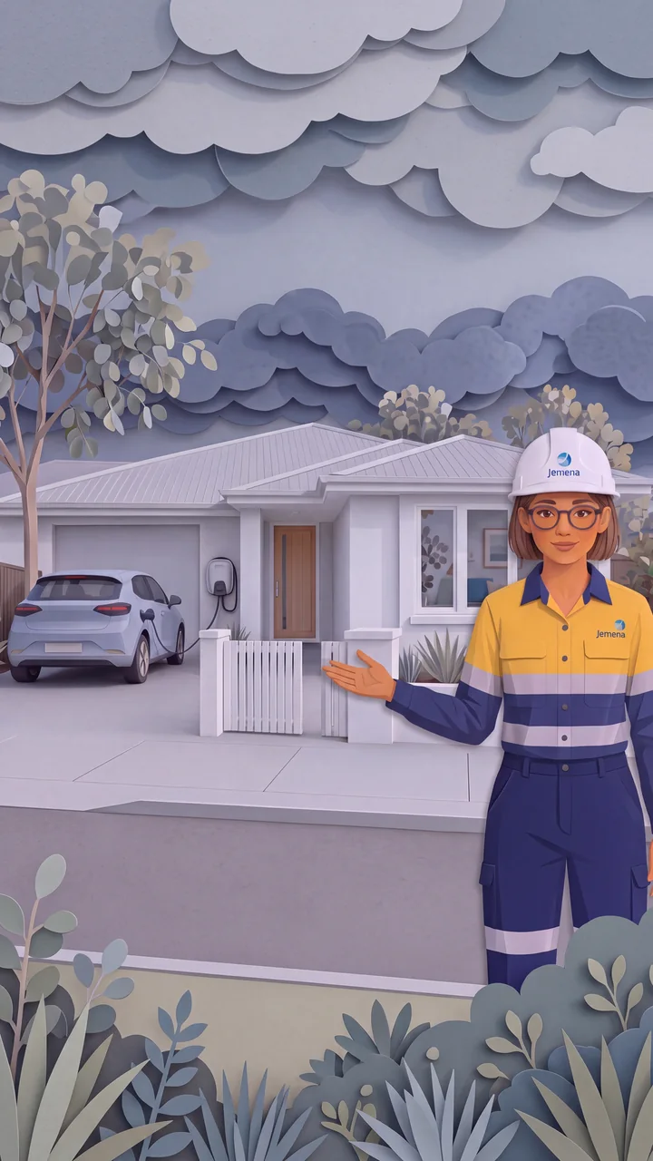The illustrated Jemena presenter welcomes viewers outside a suburban home, with her full hand visible.