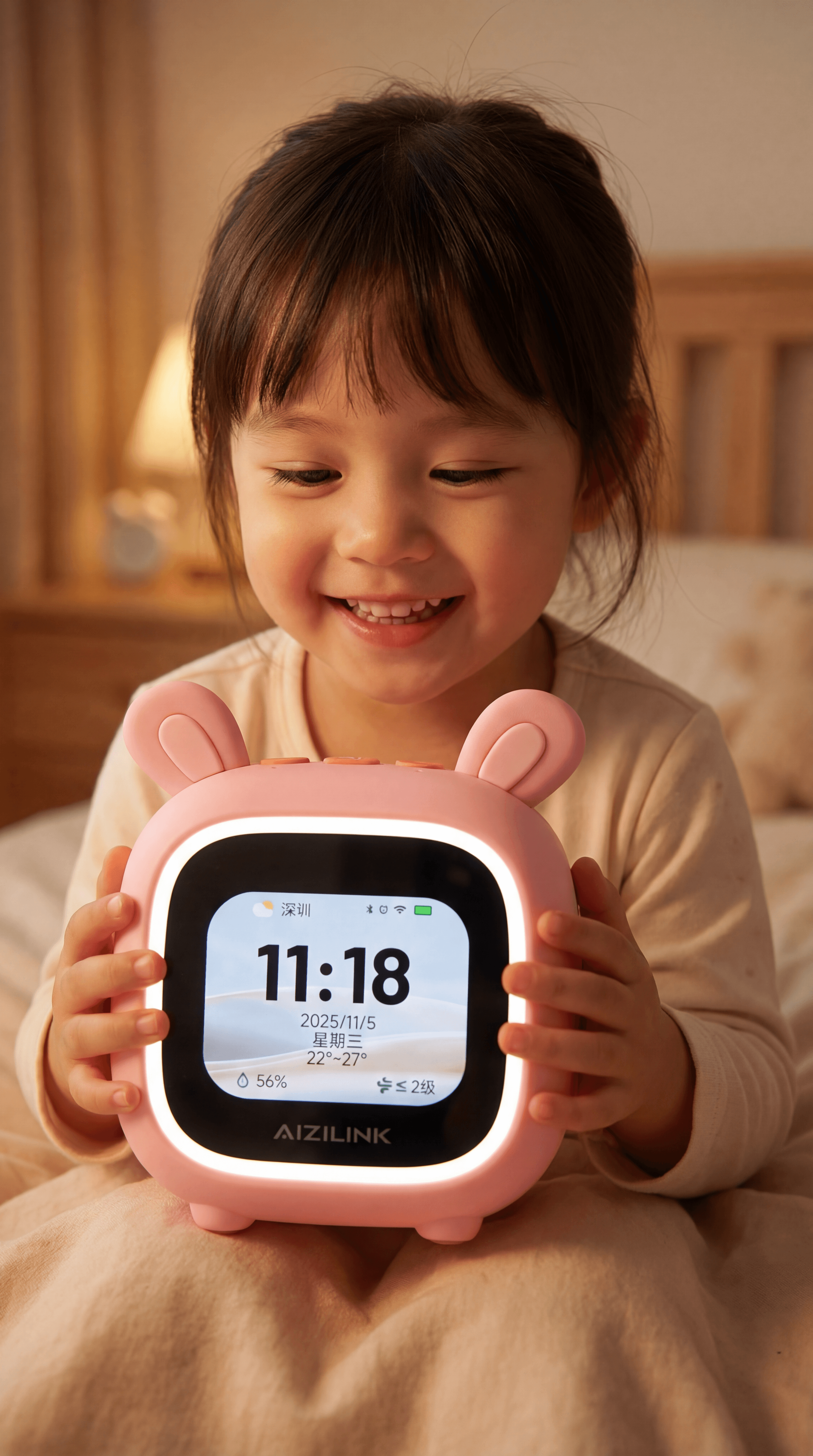 Child holding an illuminated pink bunny smart clock in a warm bedroom