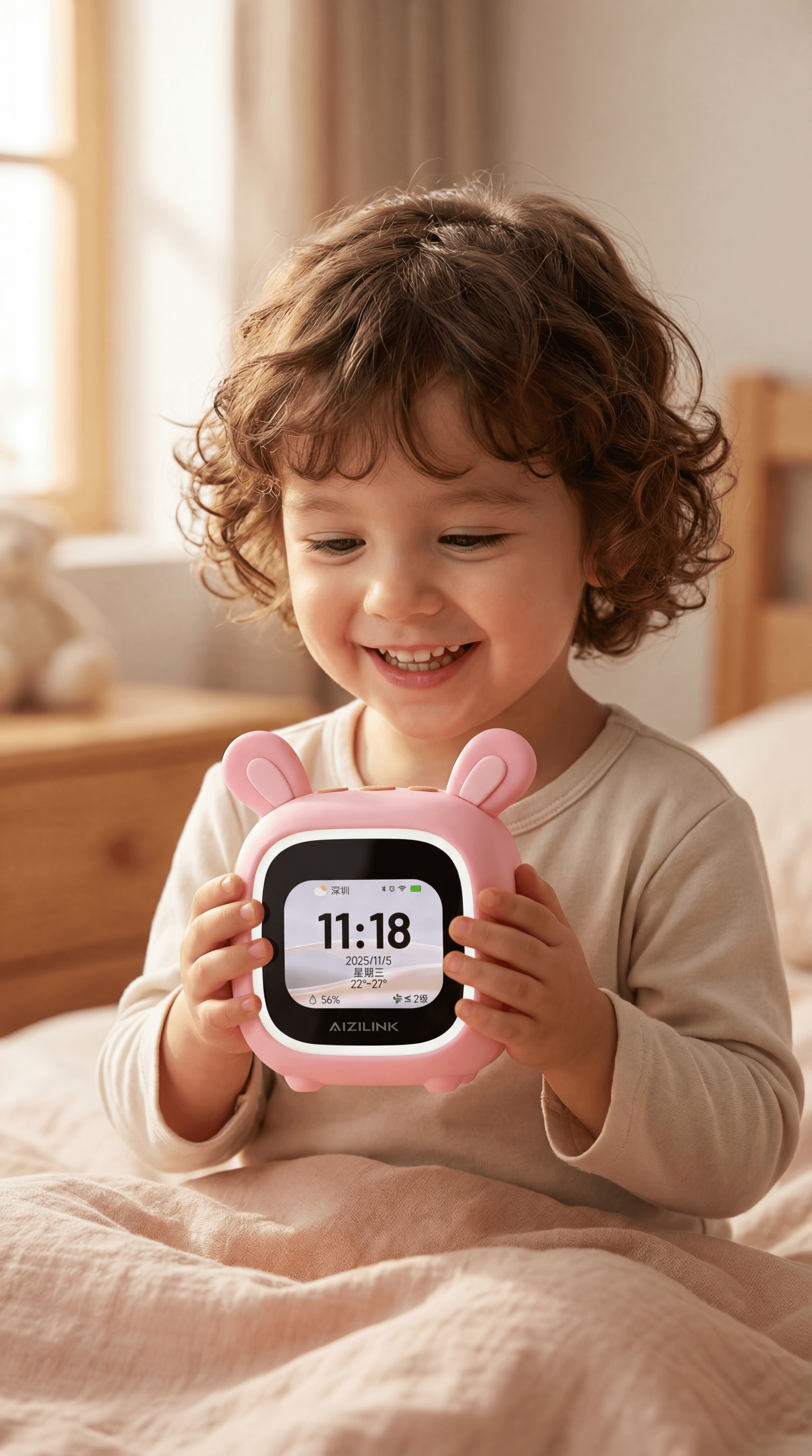 Young child using a pink bunny smart clock in a softly lit bedroom