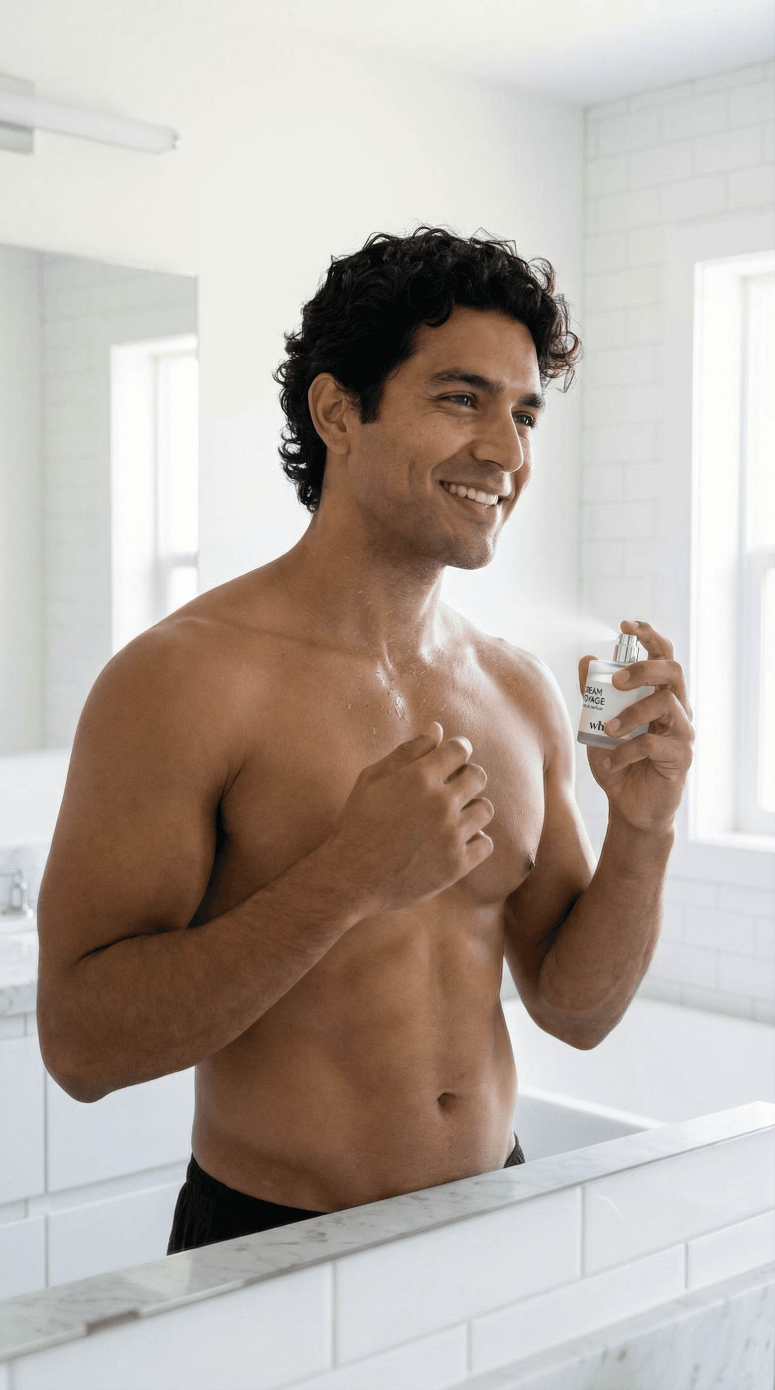 Man holding Dream Voyage perfume in a bright white bathroom