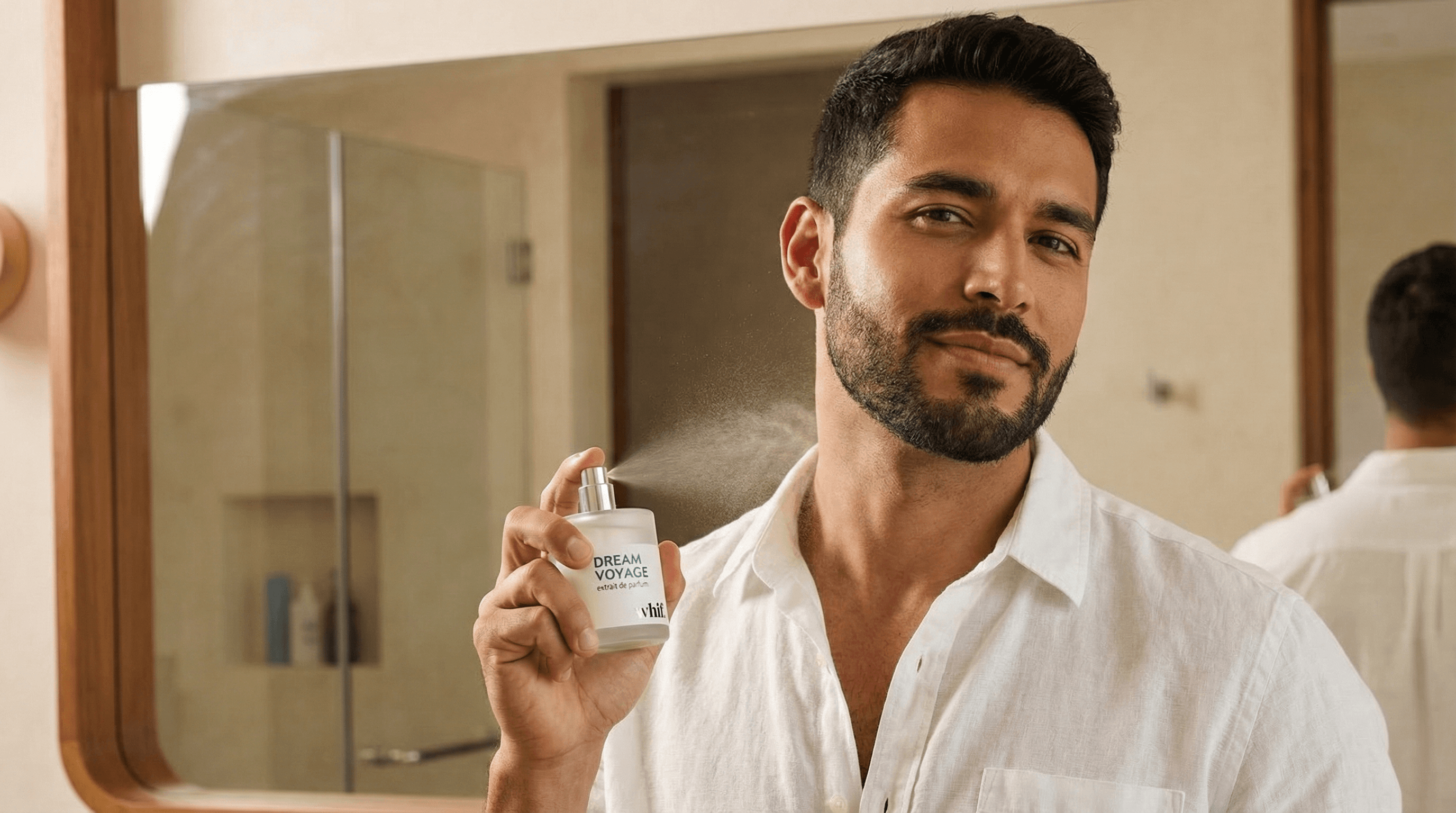 Man spraying Dream Voyage perfume while dressed in a white shirt