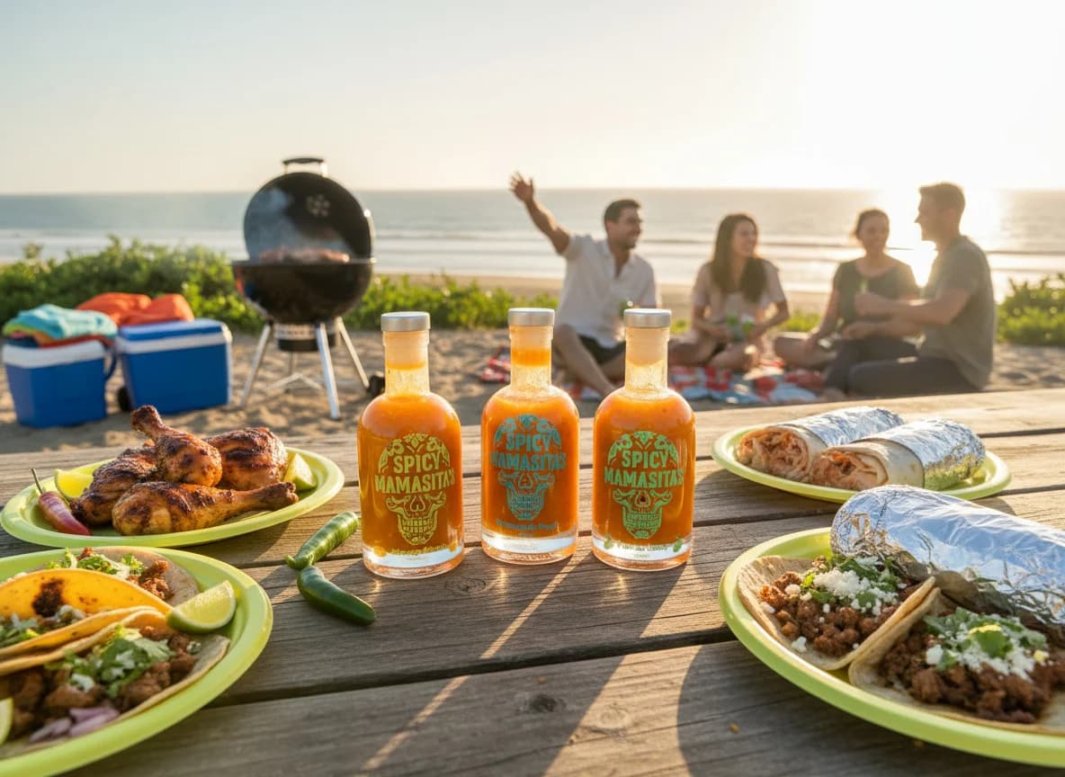 Spicy Mamasitas hot sauces at a beach barbecue with tacos and grilled chicken