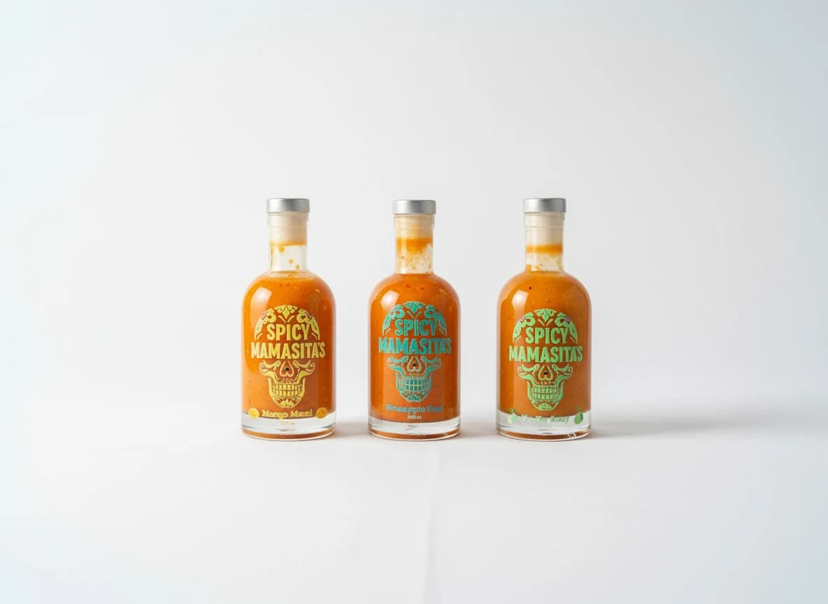 Three Spicy Mamasitas hot sauce bottles photographed on a white studio background
