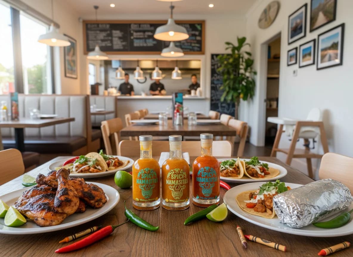 Spicy Mamasitas hot sauce range served with tacos and grilled food in a restaurant