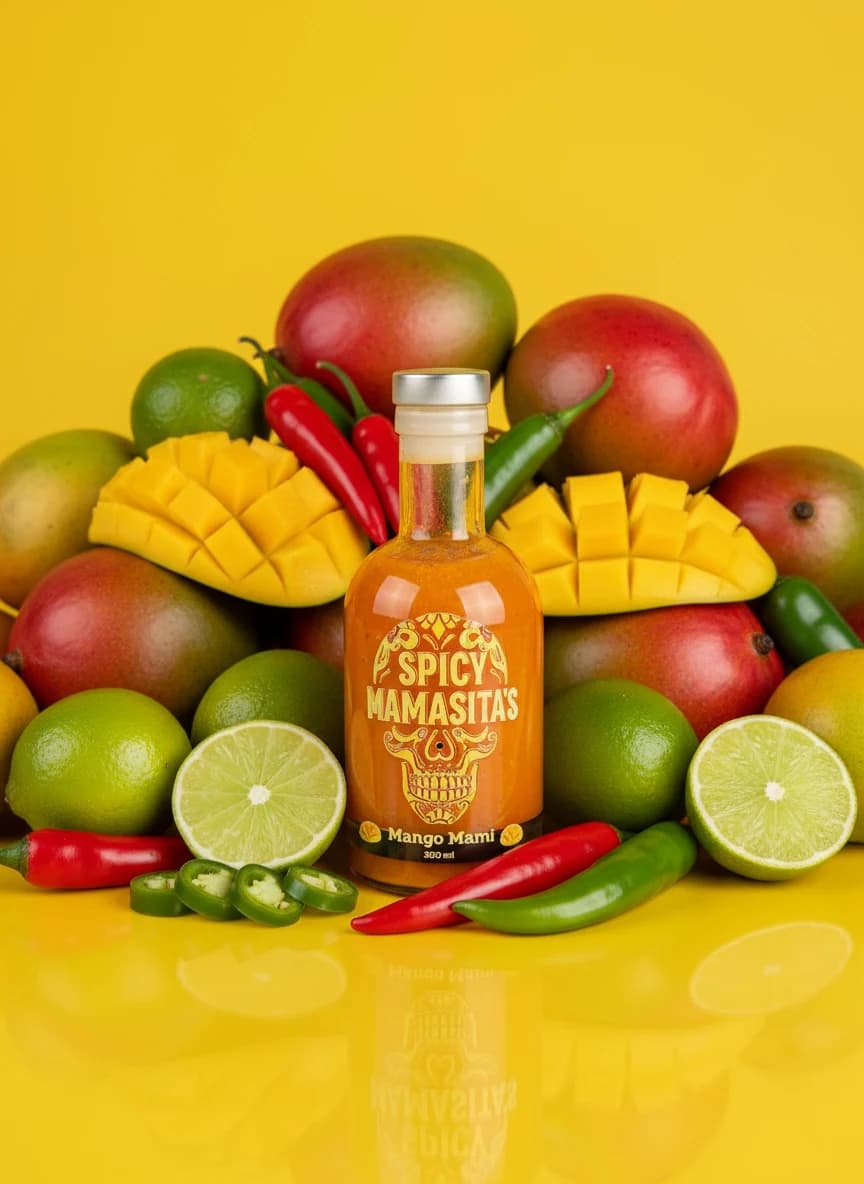 Spicy Mamasitas mango hot sauce with mangoes, limes, and chillies on yellow