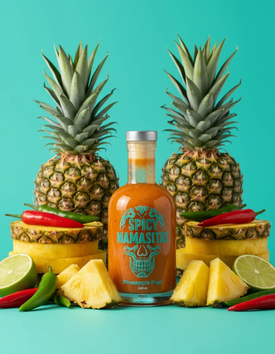 Spicy Mamasitas pineapple hot sauce with pineapples, lime, and chillies
