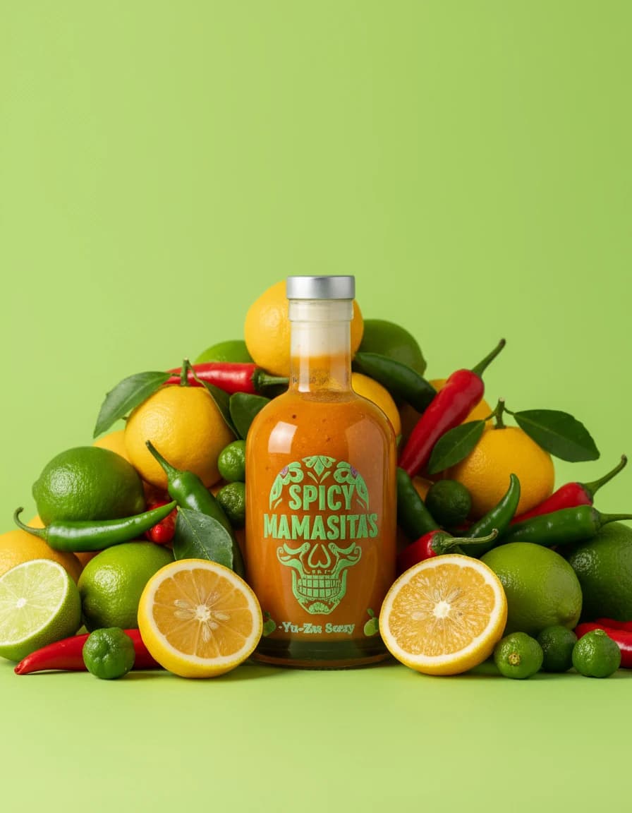 Spicy Mamasitas yuzu hot sauce surrounded by citrus and chillies on green