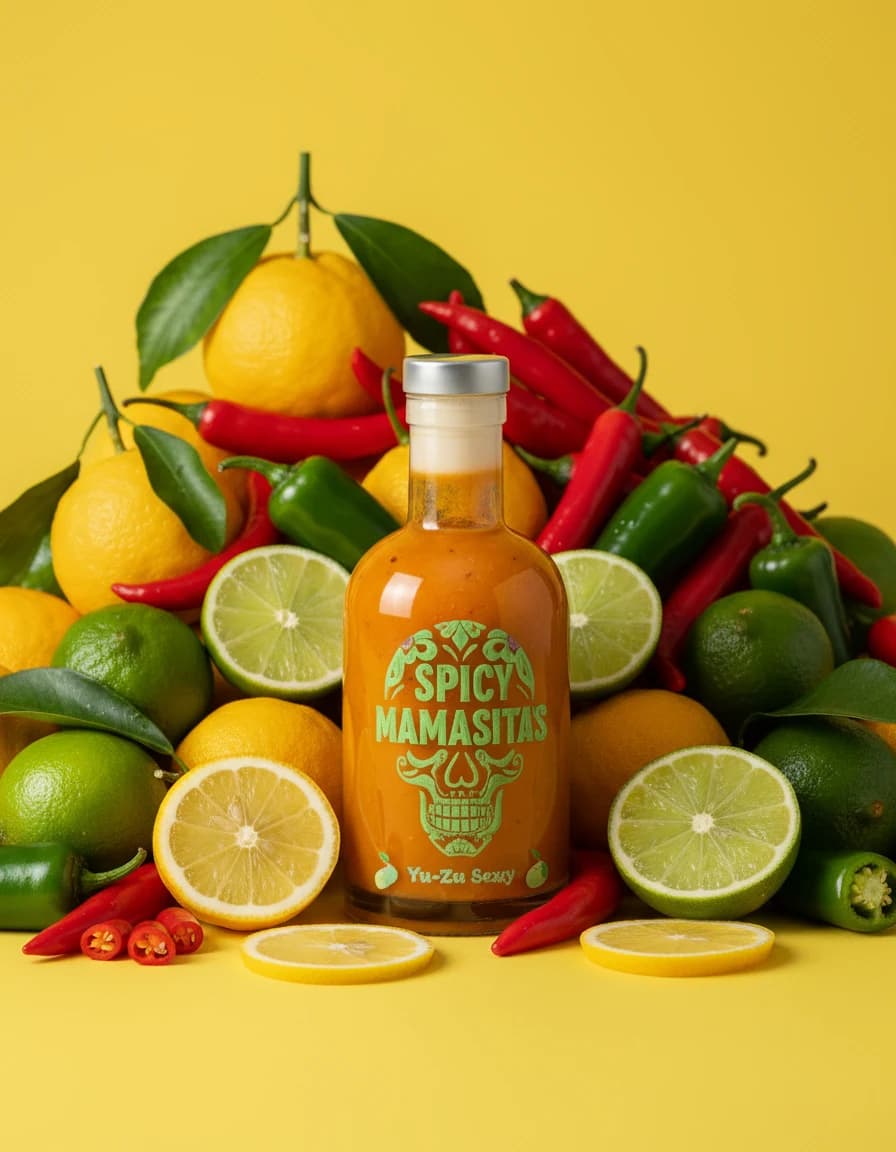 Spicy Mamasitas yuzu hot sauce with lemons, limes, and chillies on yellow
