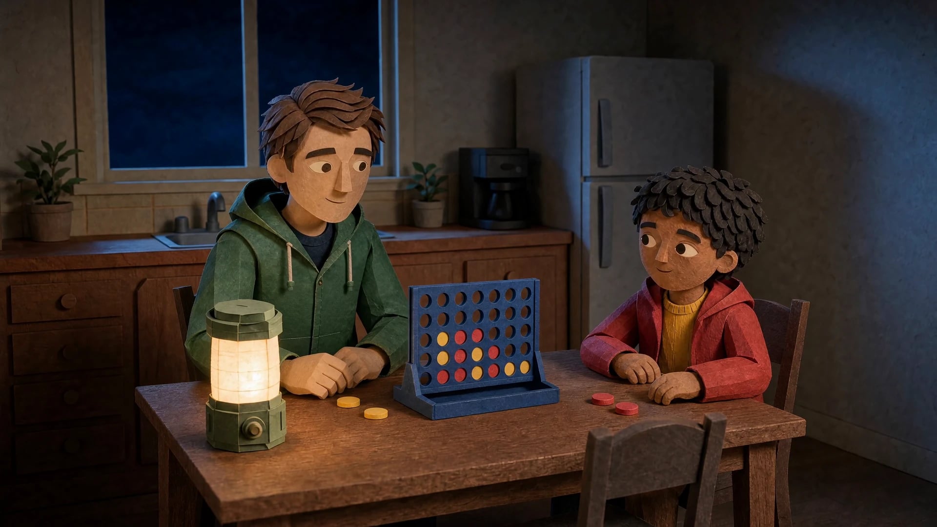 Animated father and child playing a board game at a lantern-lit kitchen table.