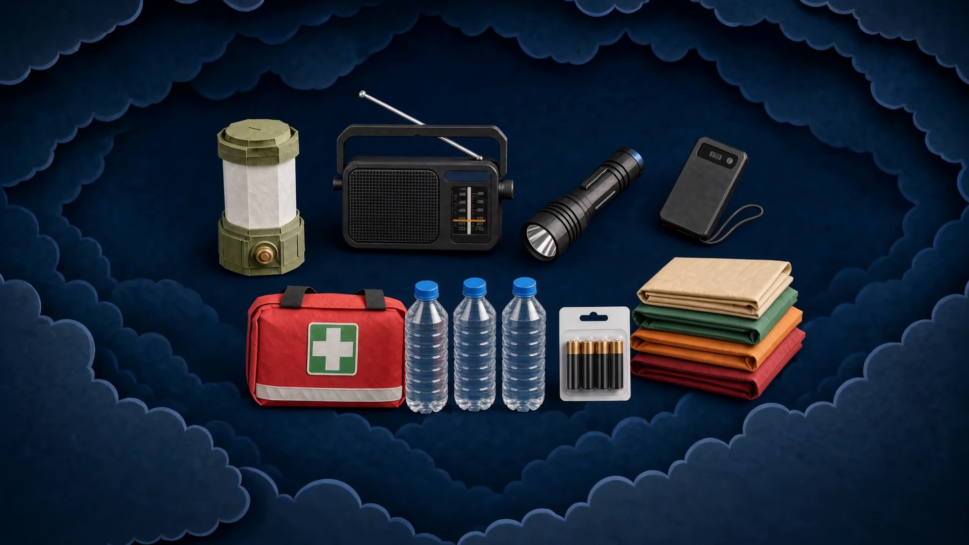 Paper-style household objects arranged within layered navy clouds.
