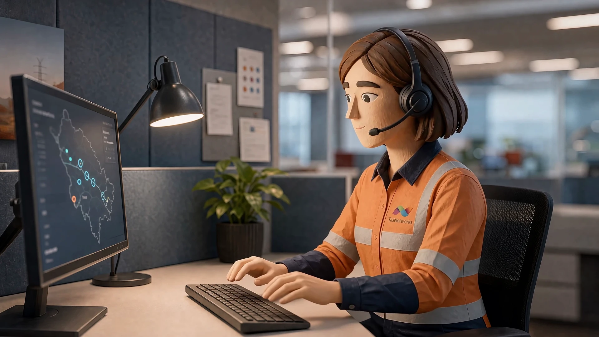 Animated call-centre operator wearing a headset in a paper-crafted office.