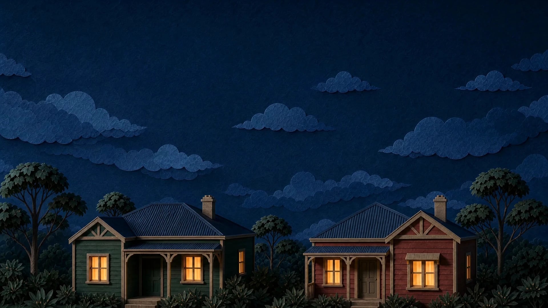 Two animated weatherboard houses with warm windows beneath a dark blue sky.