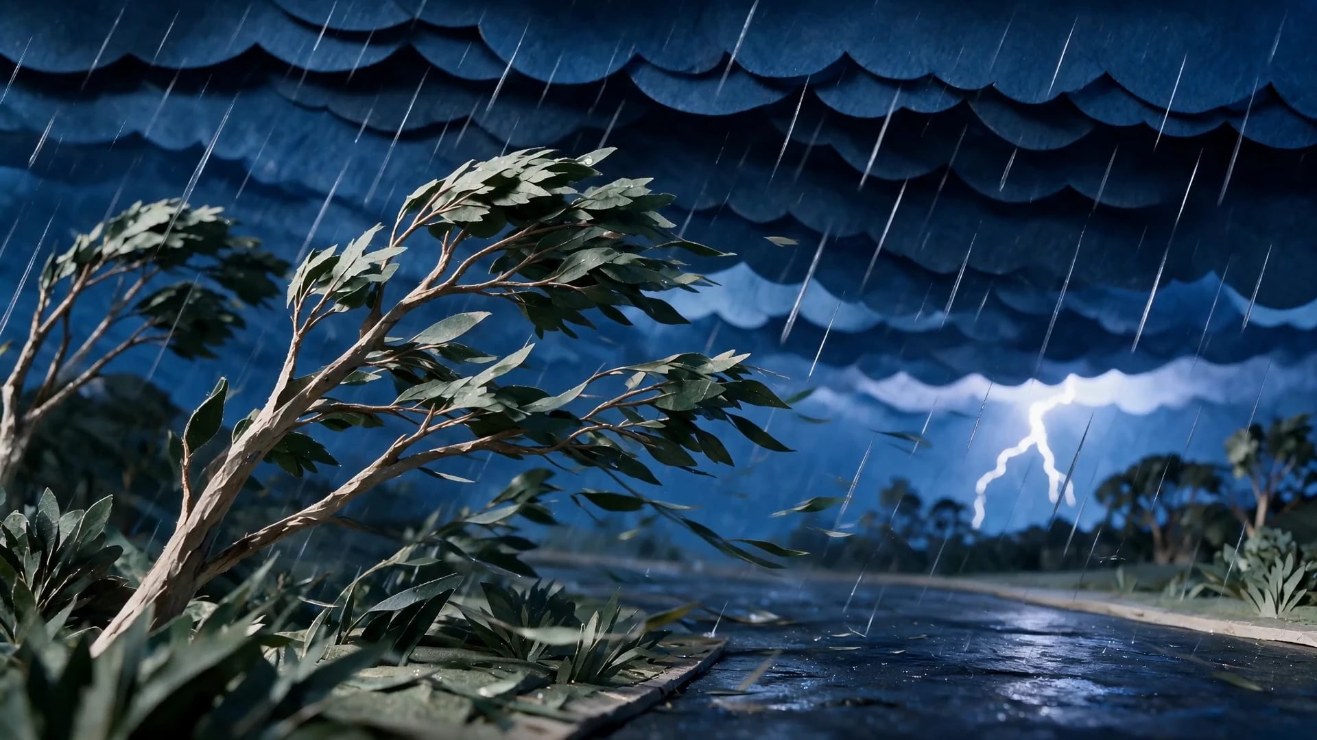 Layered paper trees and storm clouds in the Be Ready animated world.