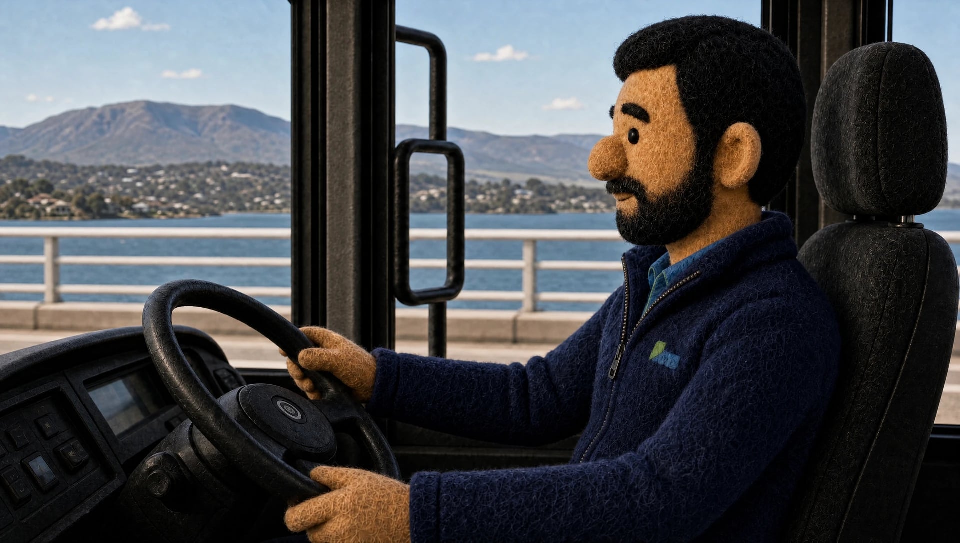 Felt-style Metro driver at the steering wheel, with the River Derwent and kunanyi / Mount Wellington outside the cab.