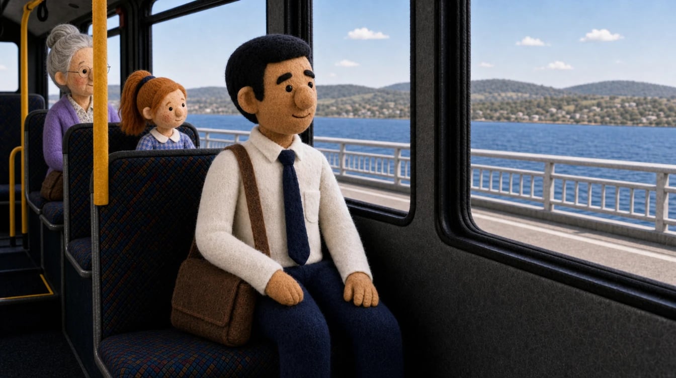 Felt-style office worker with a brown shoulder bag seated on a bus, with a schoolgirl and older passenger behind him.