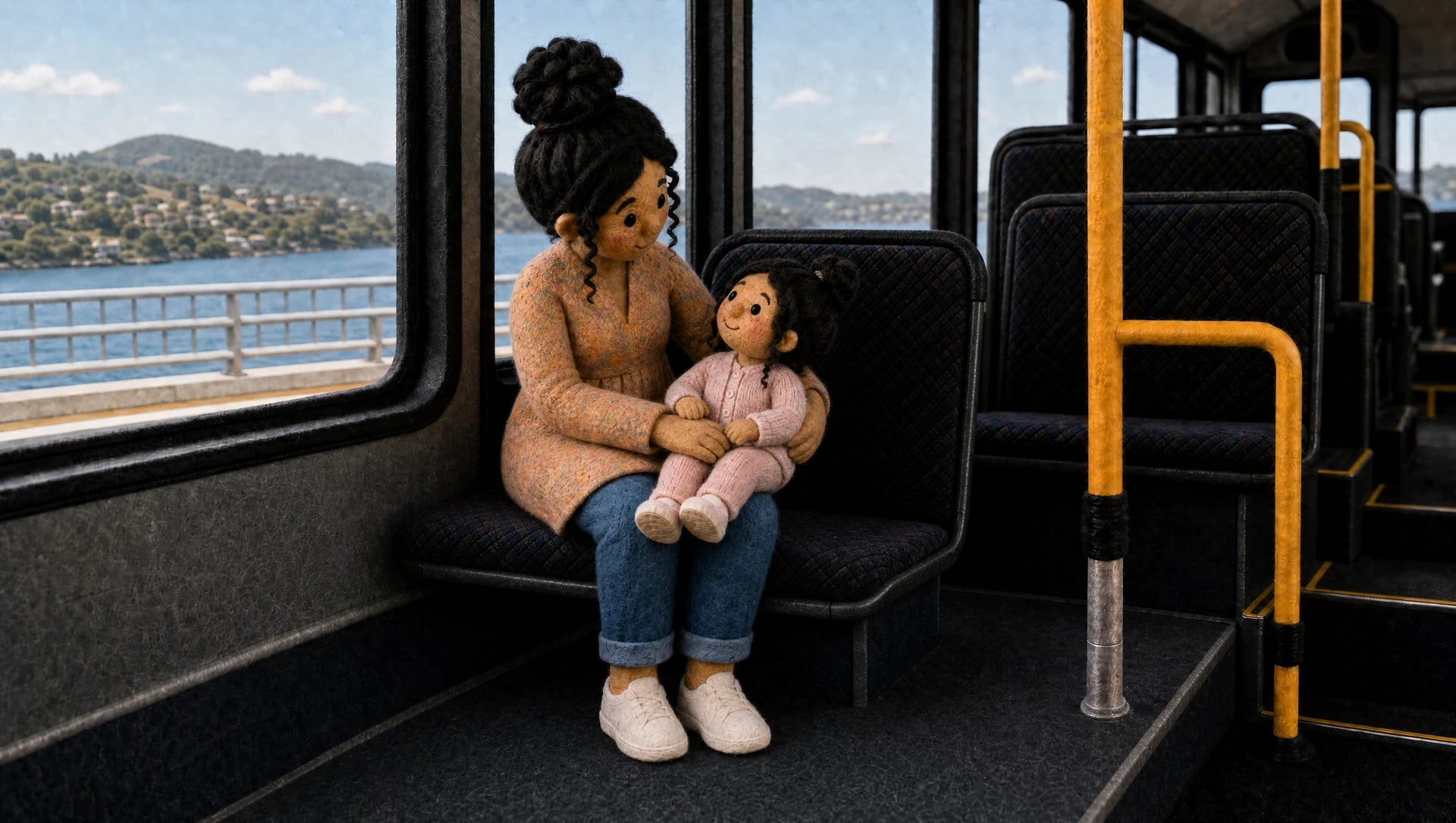 Animated parent holding a young child on her lap on a bus seat beside a window overlooking the water.