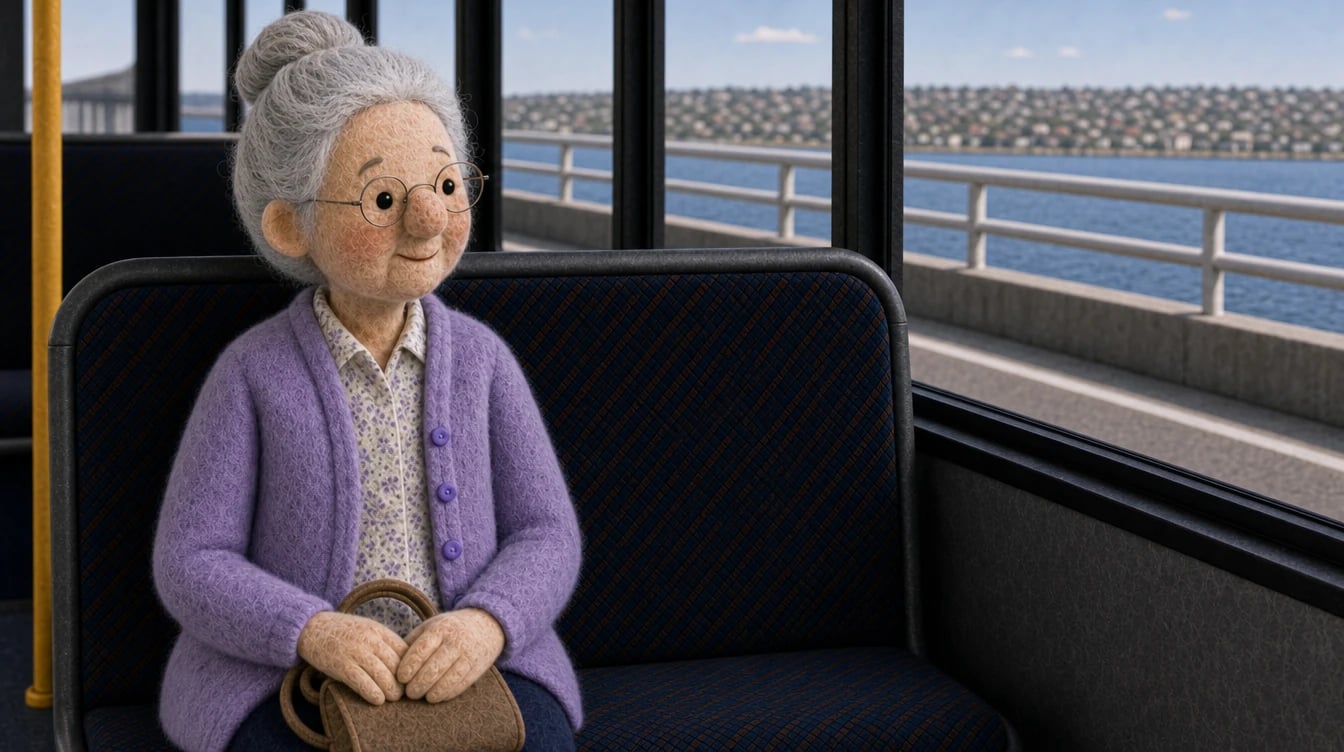 Felt-style older passenger wearing glasses and a purple cardigan, seated with a handbag beside the bus window.
