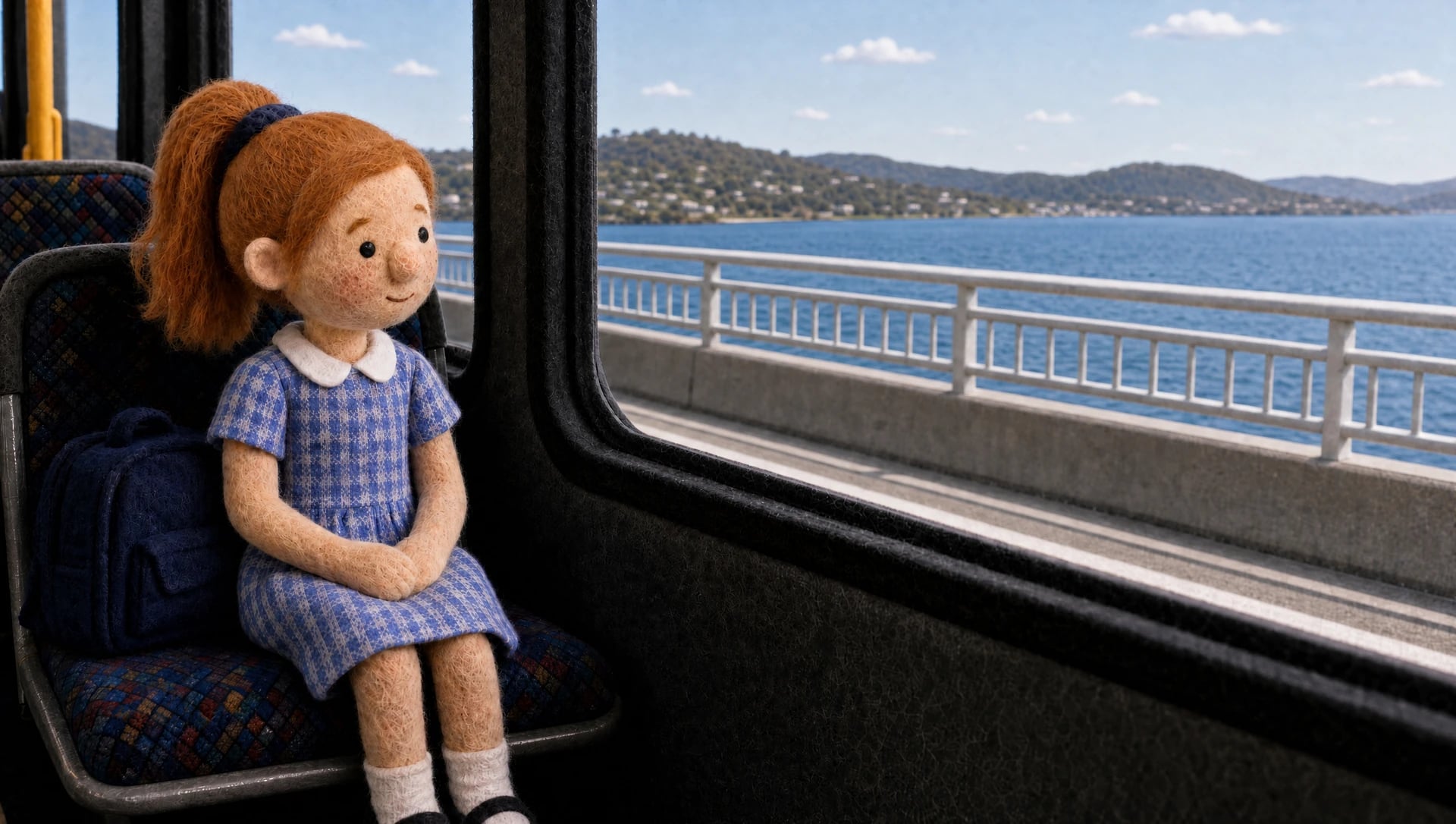 Animated red-haired schoolgirl seated beside a school bag on a bus, with blue water and hills outside the window.