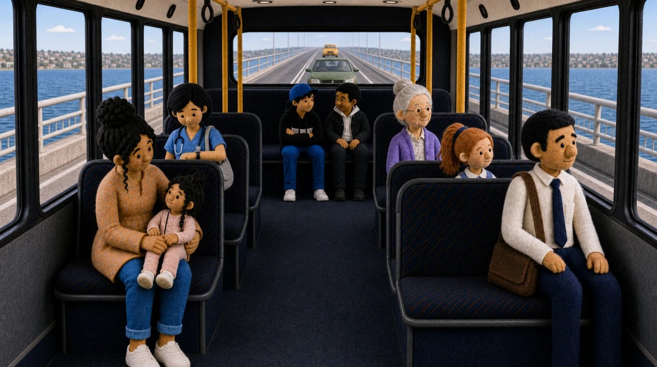 Felt-style passengers seated inside a Metro bus, with the Tasman Bridge and water visible through the windows.