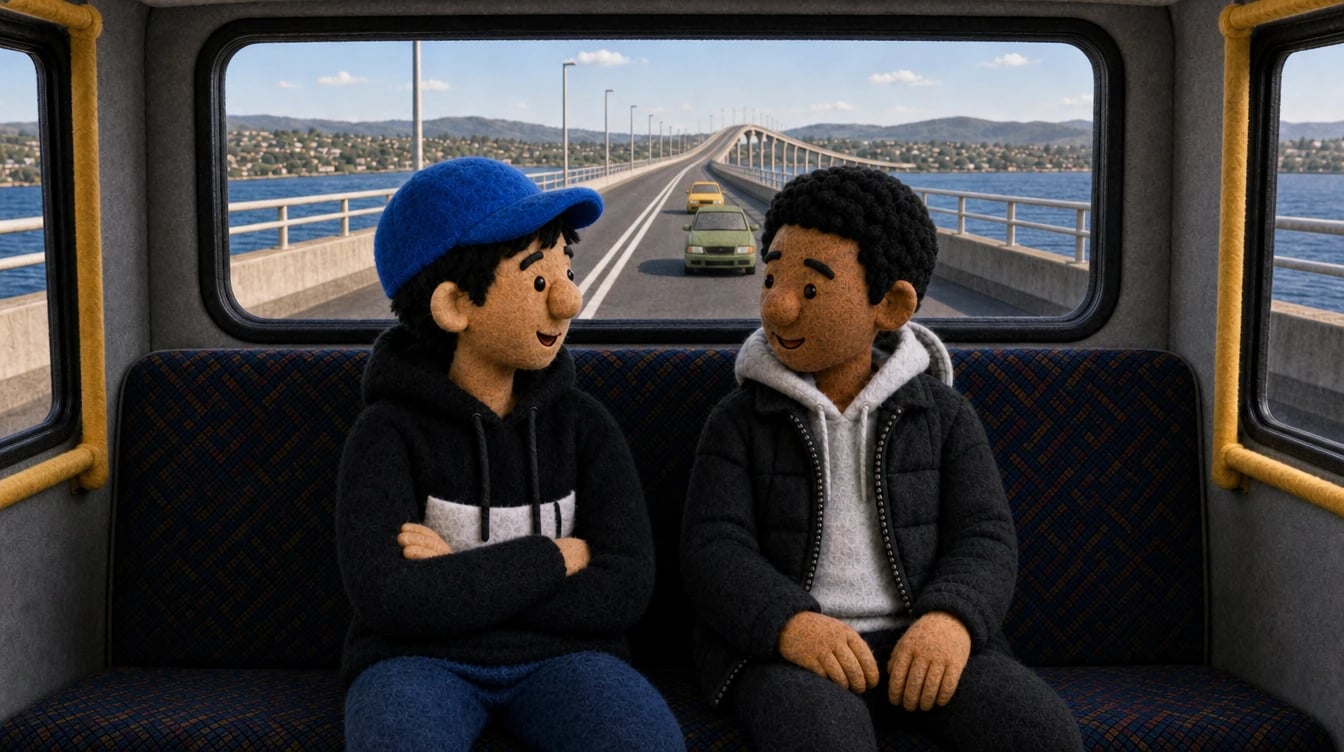 Two animated friends sitting together on the rear bench of a bus, with the Tasman Bridge and cars visible behind them.