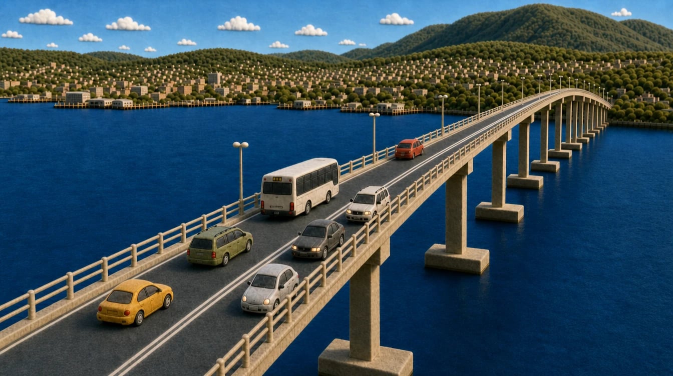 Felt-style Metro bus and cars crossing the Tasman Bridge above blue water, with Hobart hills beyond.