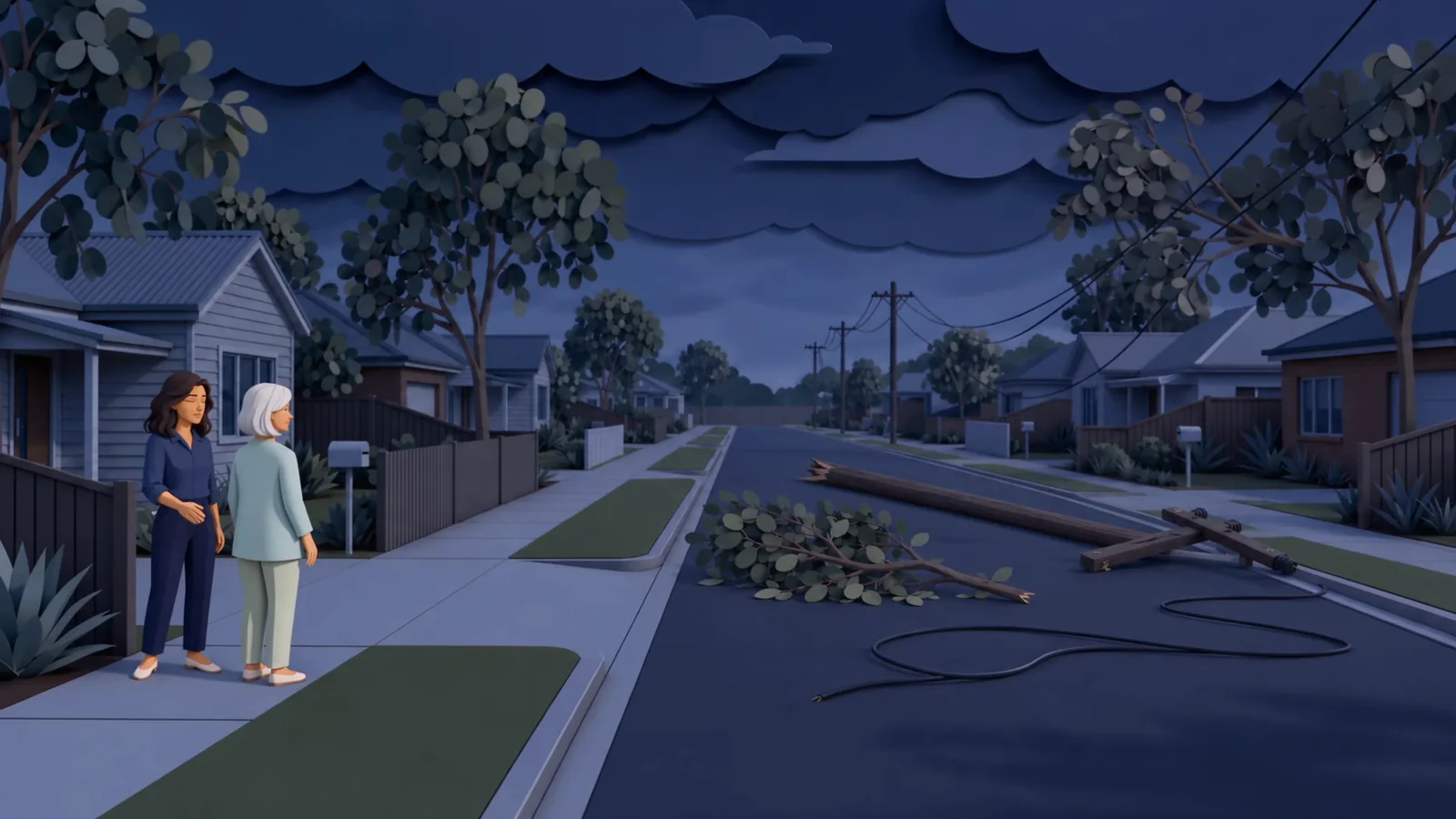 Paper-texture suburban street under storm clouds, with two neighbours keeping clear of a fallen line.