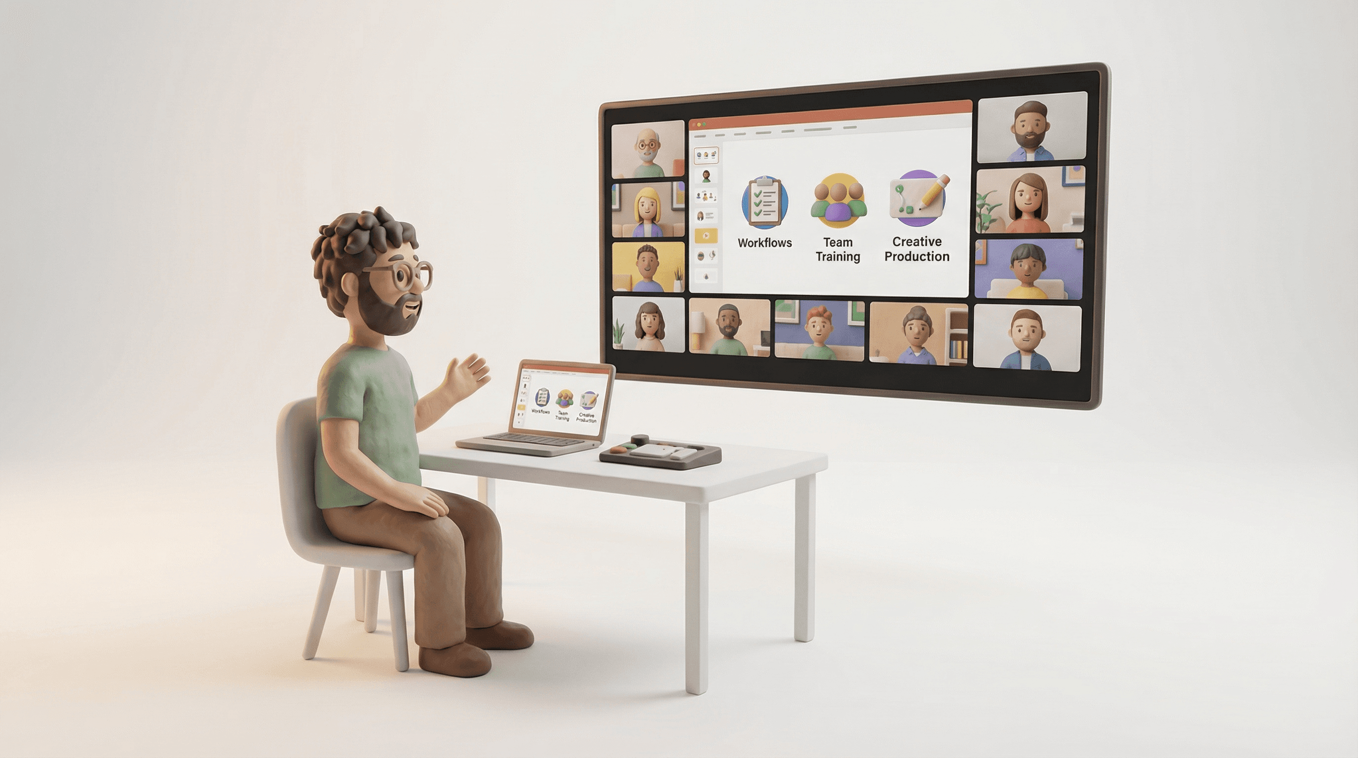 Claymation Toby Goodman delivering a remote Gen AI training session from a desk setup in a white studio.