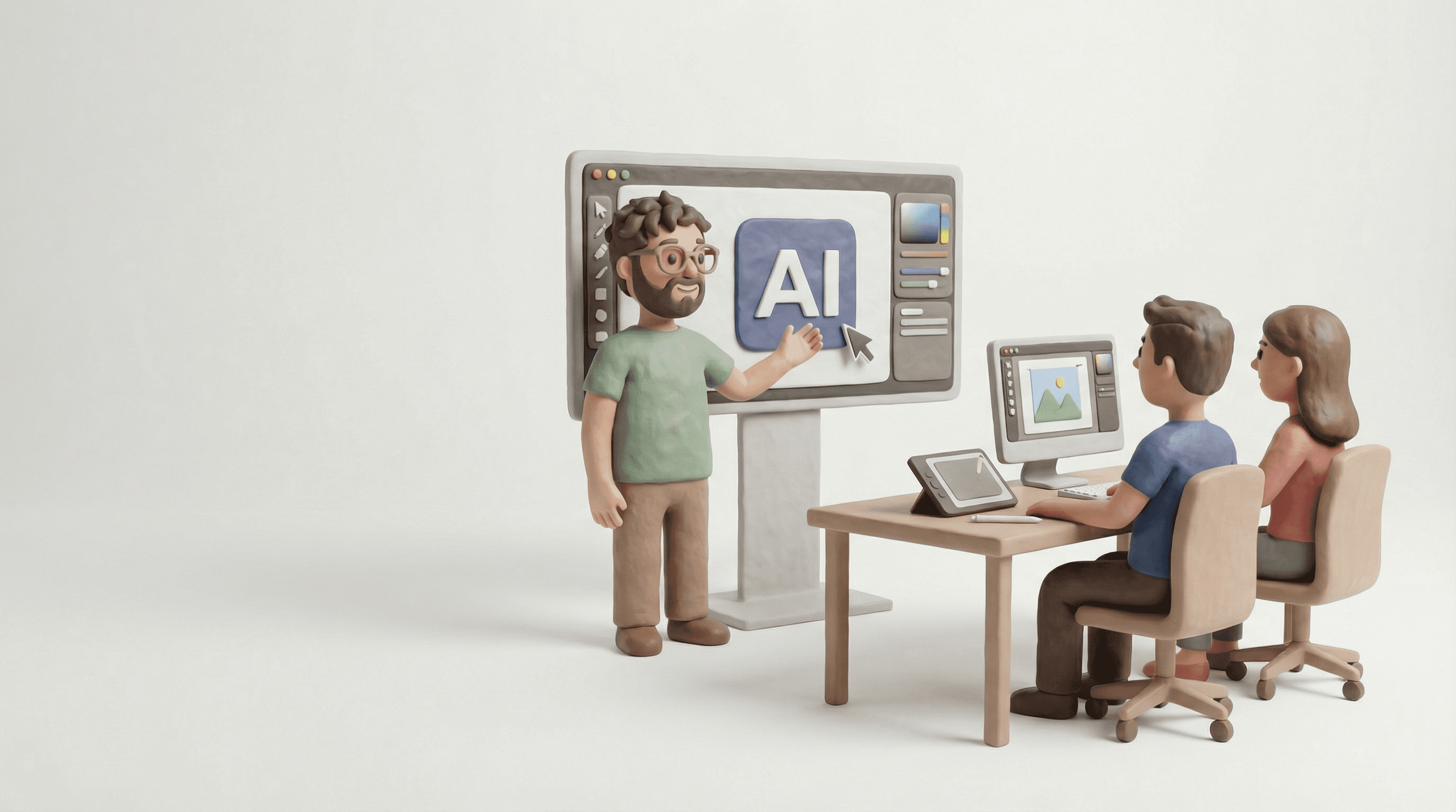Claymation Toby Goodman presenting an AI graphics session to two team members in a white studio.