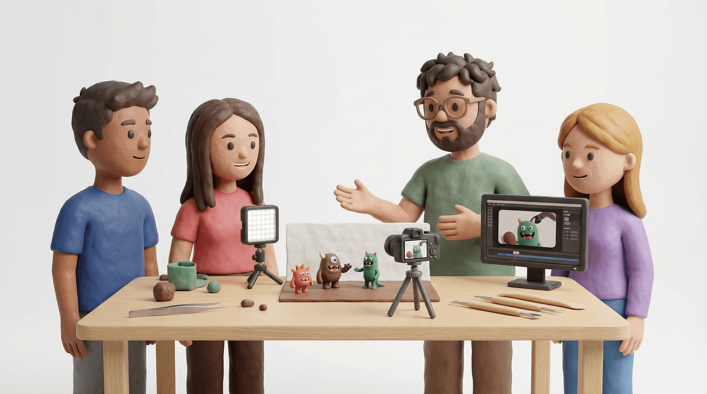 Claymation Toby Goodman running a hands-on clay and stop-motion workshop with a creative team in a white studio.