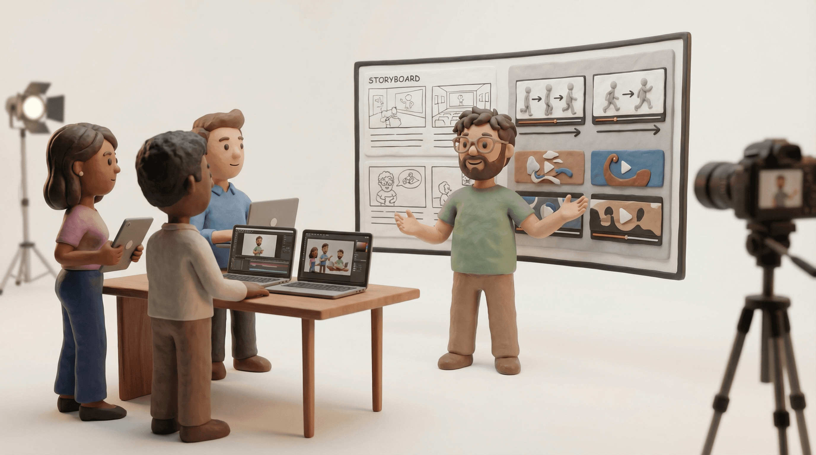 Claymation Toby Goodman presenting storyboard and animation workflow guidance to a content team in a white studio.