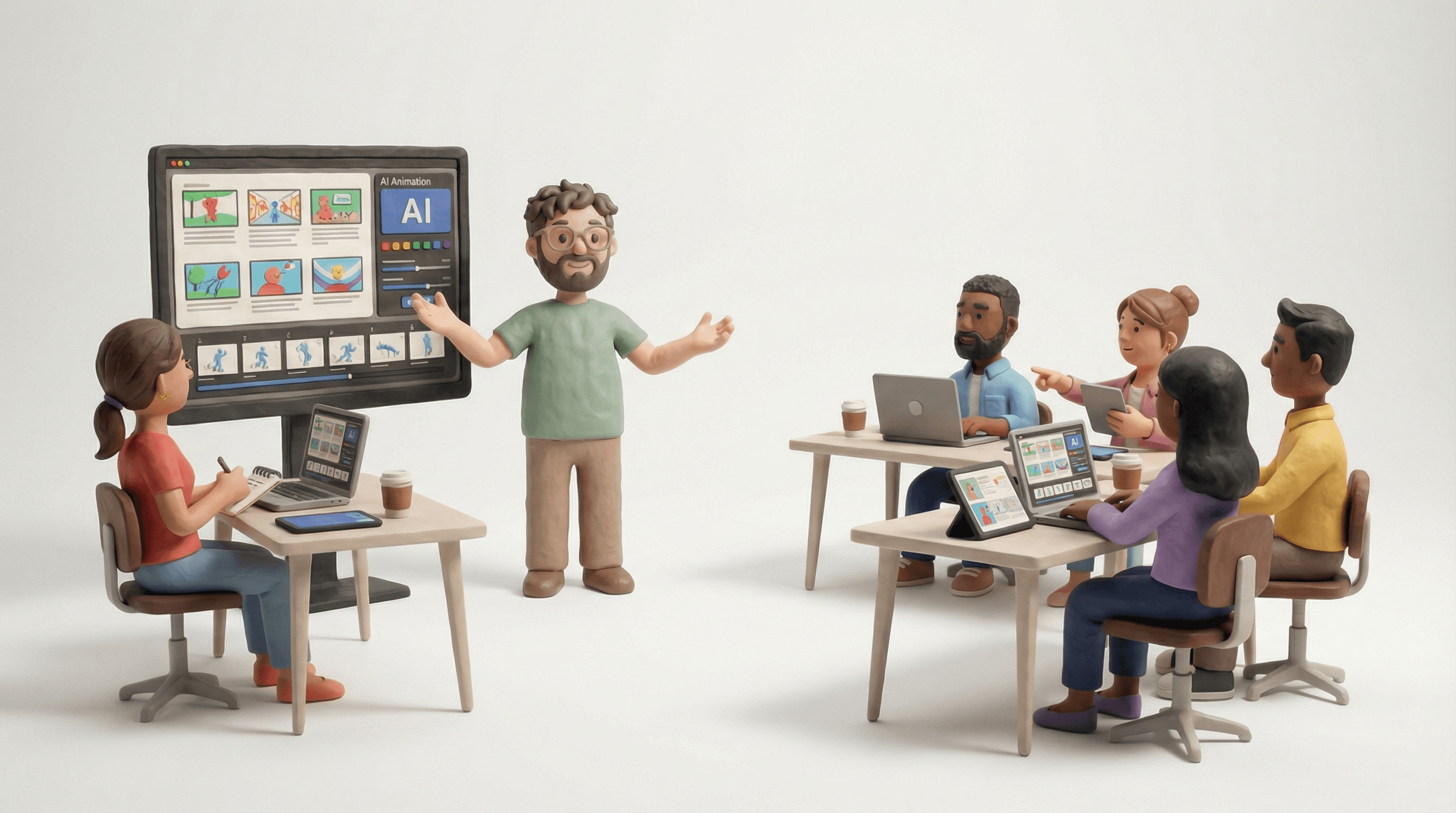 Claymation Toby Goodman leading an AI animation workshop for a small media team in a white studio.
