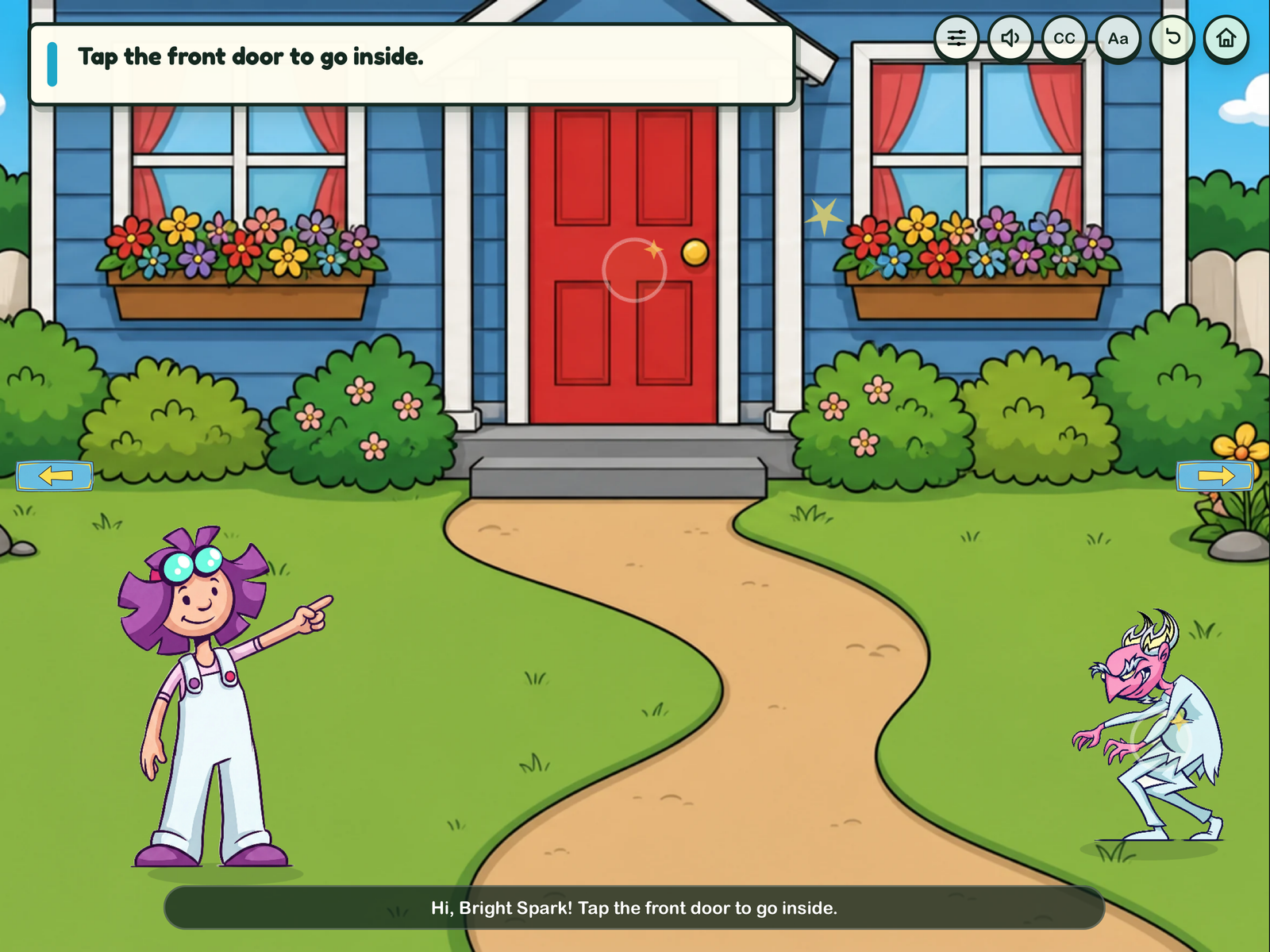 Bright Sparks game screen showing Sparks and Shocker outside a blue house, with instruction, caption and accessibility controls.