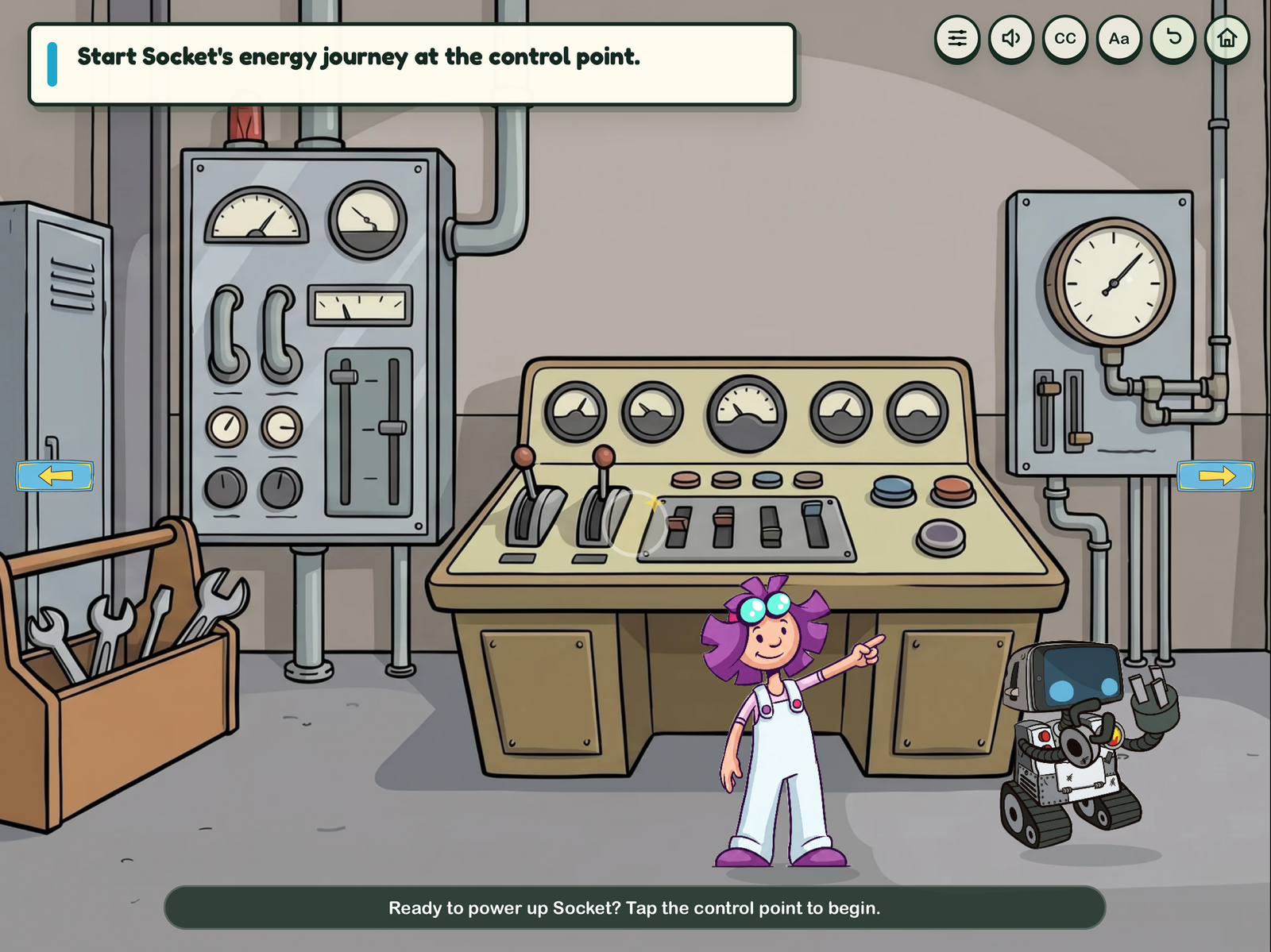 Bright Sparks review game showing Sparks and Socket in a cartoon control room with an instruction bar and captions.